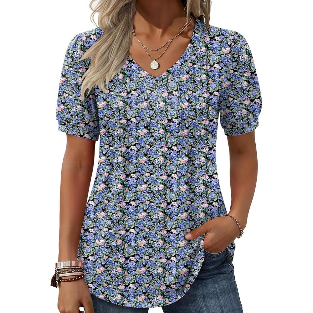 imageZeagoo Womens Puff Short Sleeve Boho Shirts Casual V Neck Floral Solid Summer Blouse Pleated Tunic TopApa236