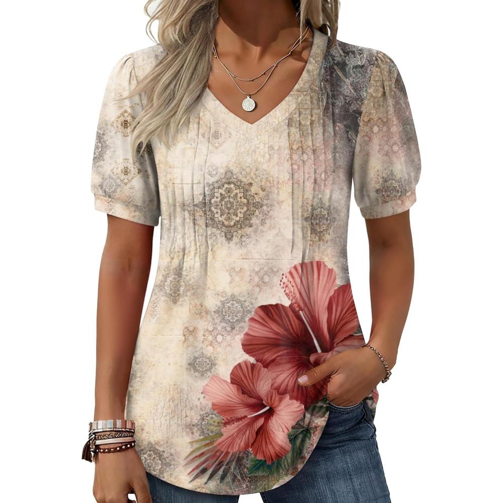 imageZeagoo Womens Puff Short Sleeve Boho Shirts Casual V Neck Floral Solid Summer Blouse Pleated Tunic TopApa275