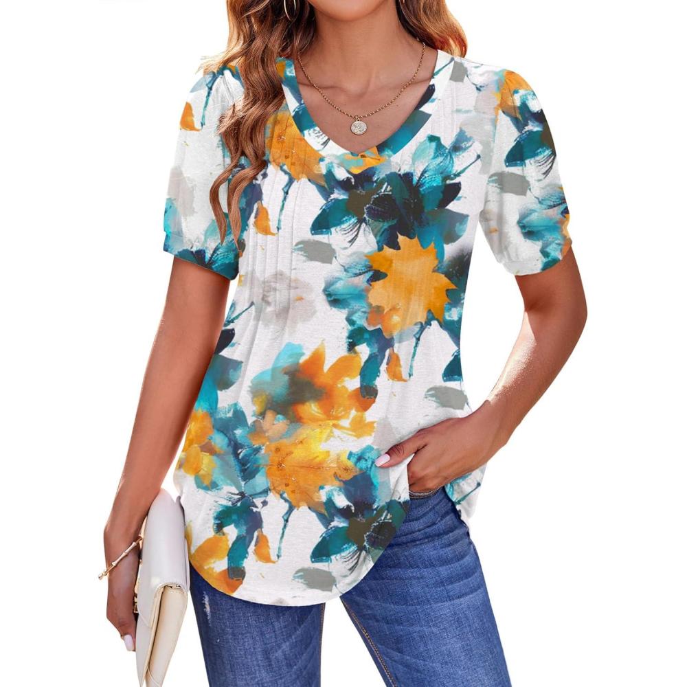 imageZeagoo Womens Puff Short Sleeve Boho Shirts Casual V Neck Floral Solid Summer Blouse Pleated Tunic TopDh637