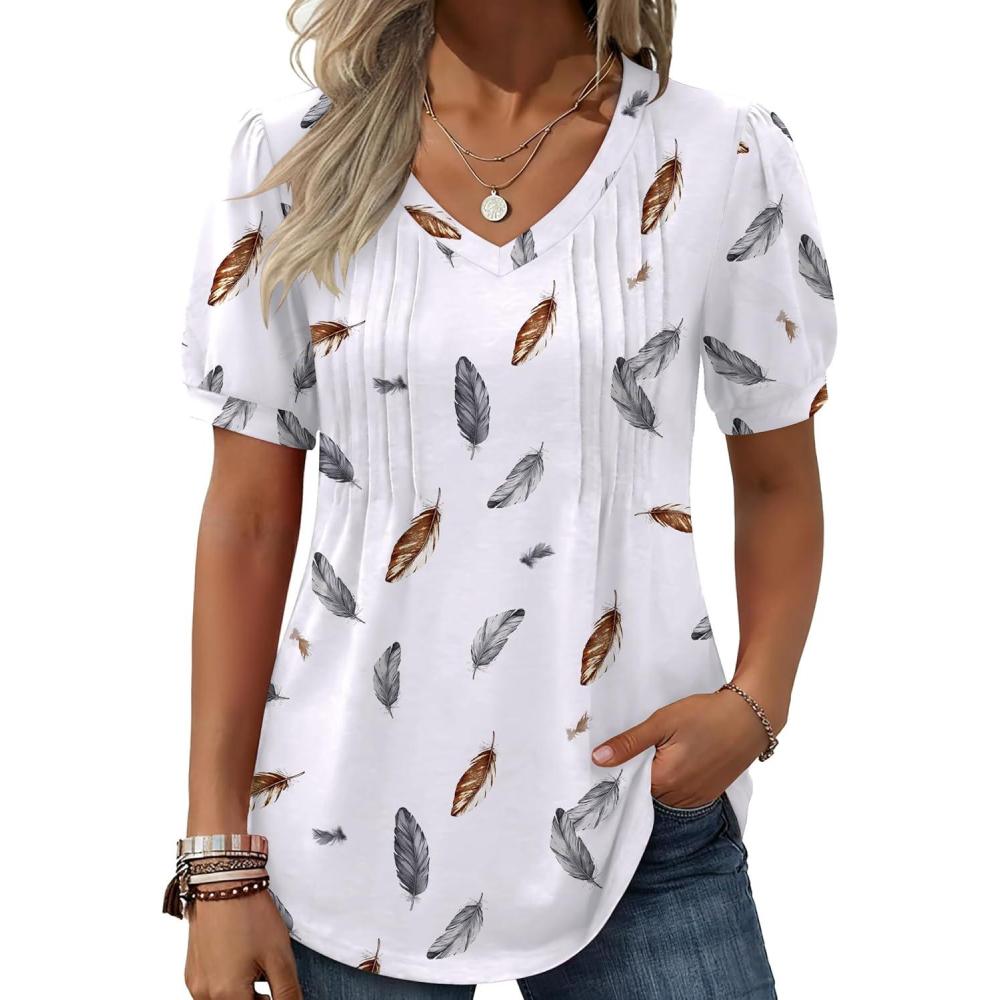 imageZeagoo Womens Puff Short Sleeve Boho Shirts Casual V Neck Floral Solid Summer Blouse Pleated Tunic TopDw170