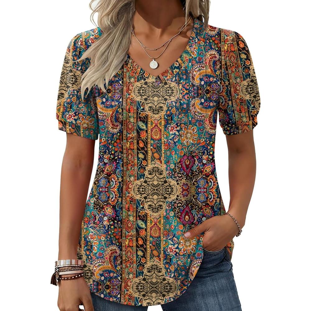 imageZeagoo Womens Puff Short Sleeve Boho Shirts Casual V Neck Floral Solid Summer Blouse Pleated Tunic TopMulti Floral Mz721