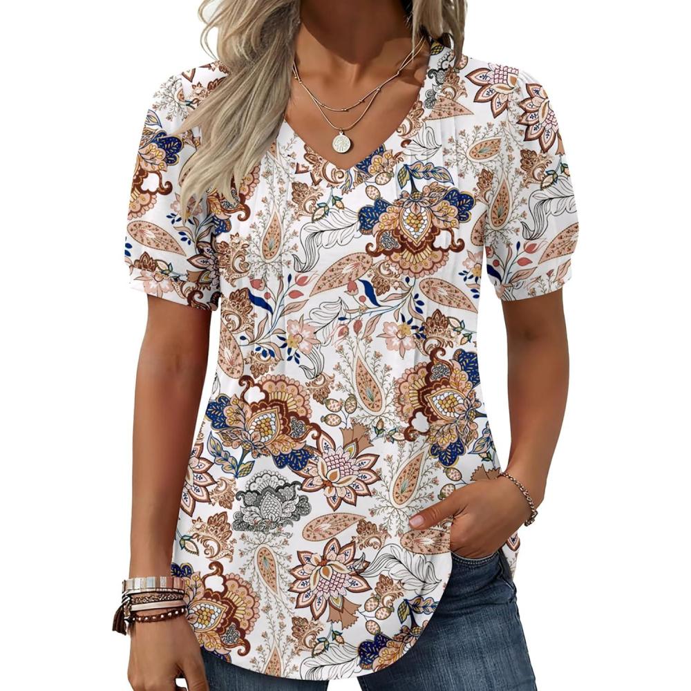 imageZeagoo Womens Puff Short Sleeve Boho Shirts Casual V Neck Floral Solid Summer Blouse Pleated Tunic TopMz453