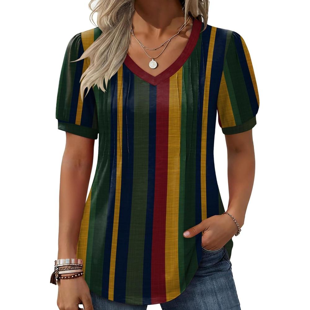 imageZeagoo Womens Puff Short Sleeve Boho Shirts Casual V Neck Floral Solid Summer Blouse Pleated Tunic TopStripe Tz275