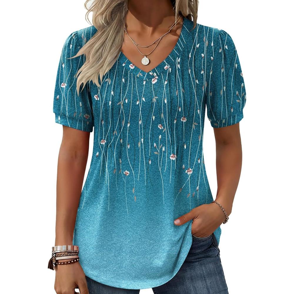 imageZeagoo Womens Puff Short Sleeve Boho Shirts Casual V Neck Floral Solid Summer Blouse Pleated Tunic TopXh363