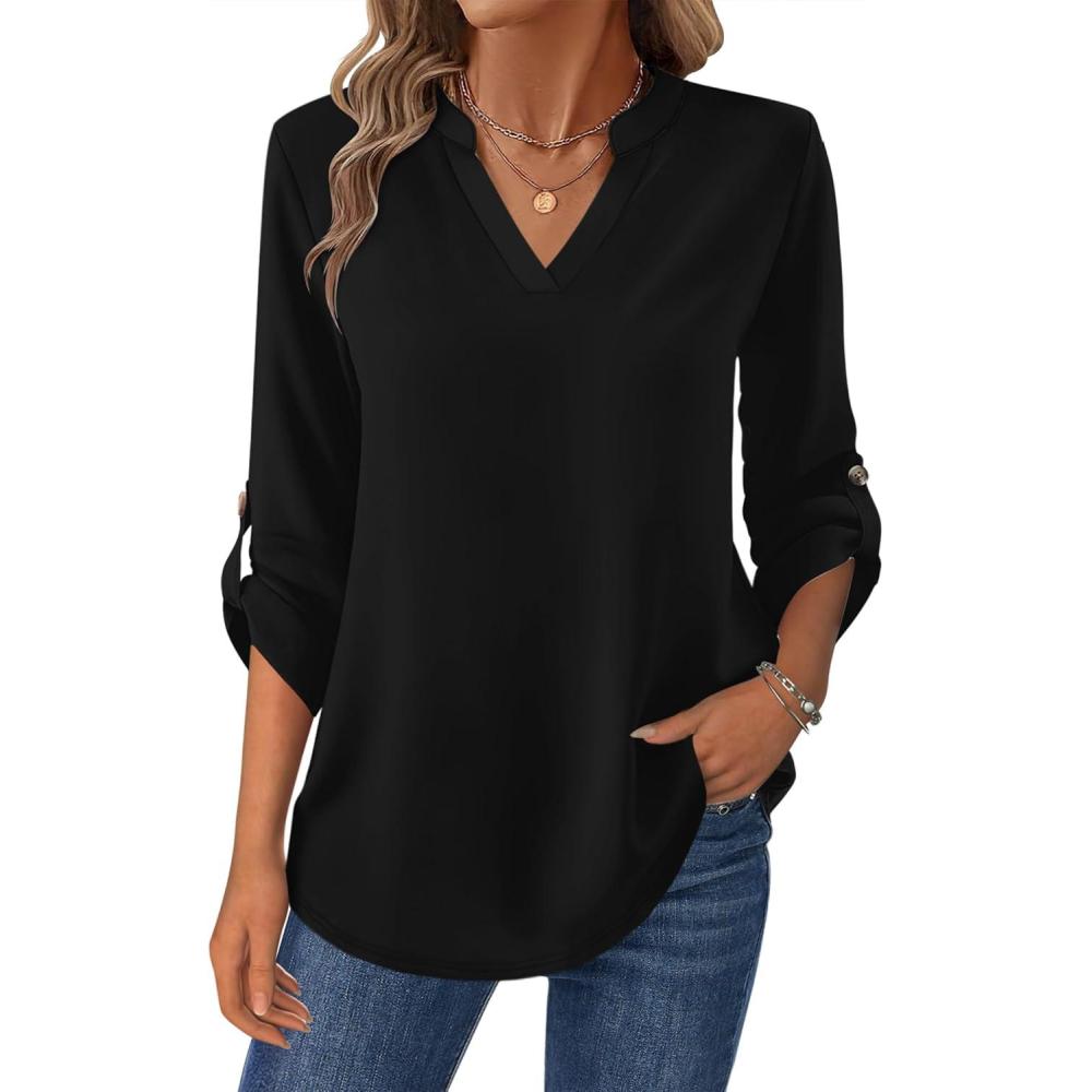 imageZeagoo Womens Roll Up Long Sleeve Tops V Neck Shirts Dressy Casual Work Blouses S2XLBlack