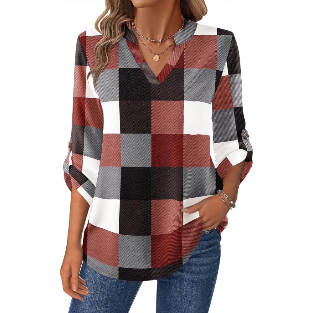 imageZeagoo Womens Roll Up Long Sleeve Tops V Neck Shirts Dressy Casual Work Blouses S2XLJh494