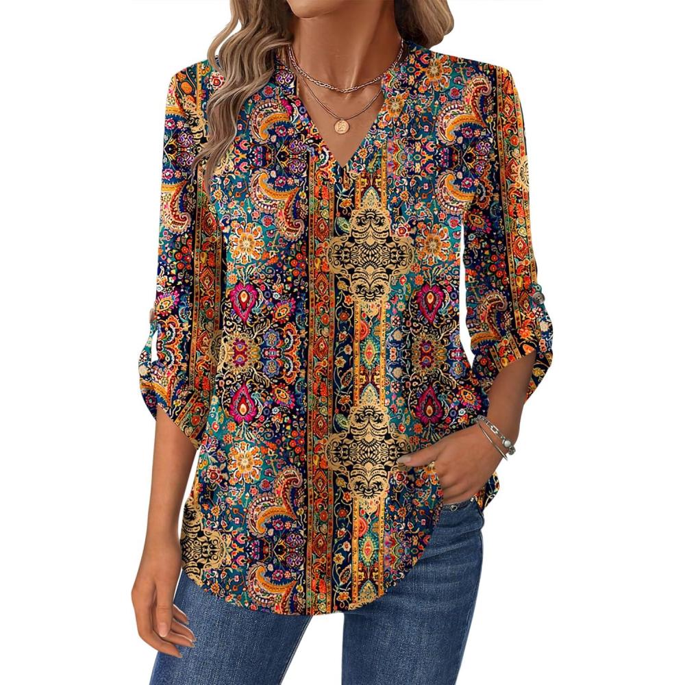 imageZeagoo Womens Roll Up Long Sleeve Tops V Neck Shirts Dressy Casual Work Blouses S2XLMz721