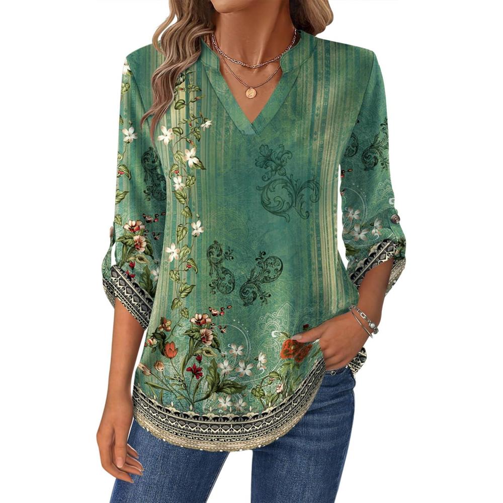 imageZeagoo Womens Roll Up Long Sleeve Tops V Neck Shirts Dressy Casual Work Blouses S2XLMz839
