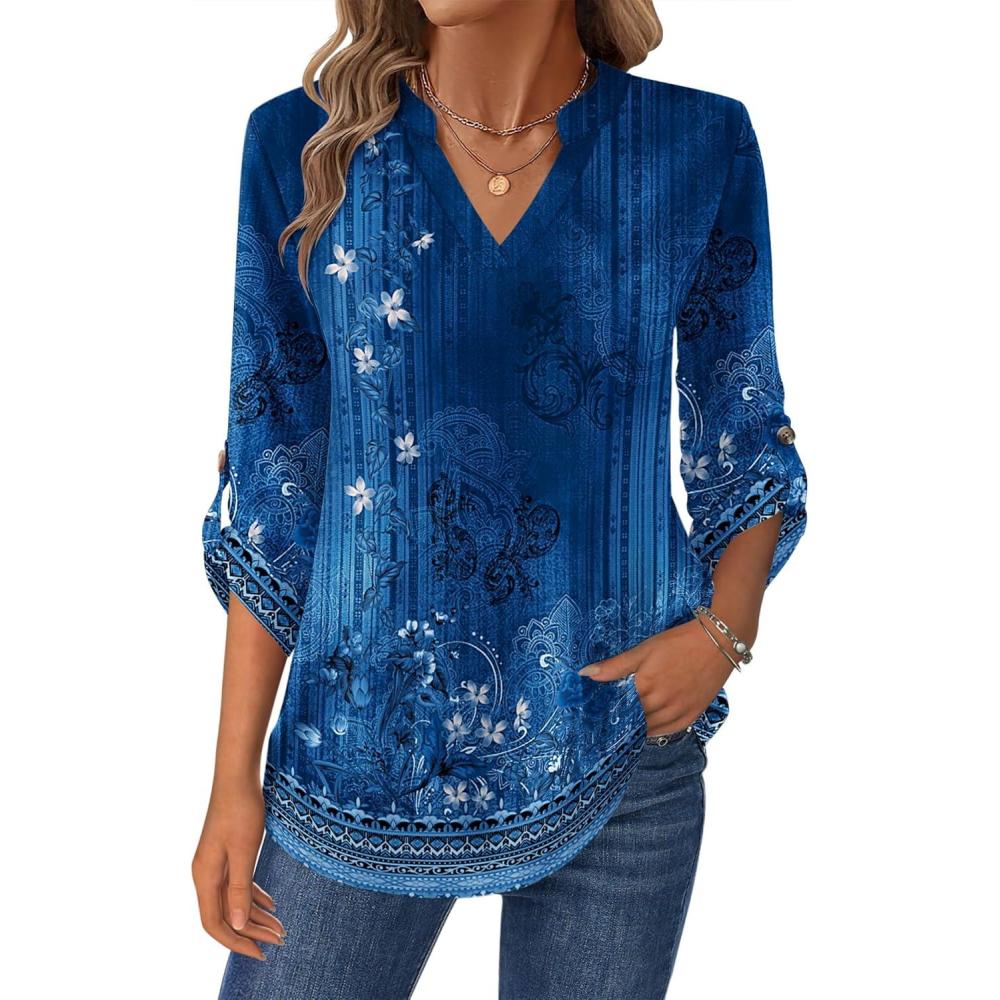 imageZeagoo Womens Roll Up Long Sleeve Tops V Neck Shirts Dressy Casual Work Blouses S2XLMz845
