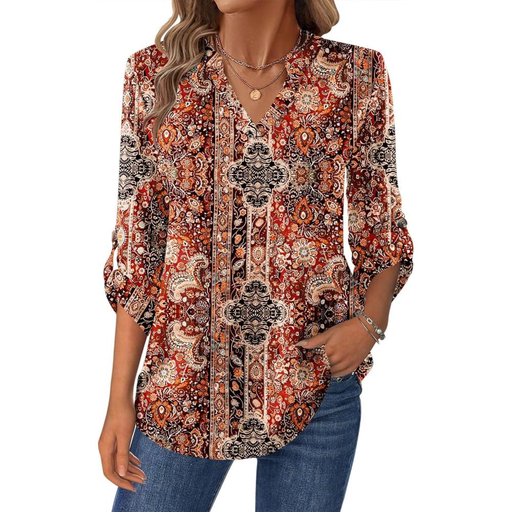 imageZeagoo Womens Roll Up Long Sleeve Tops V Neck Shirts Dressy Casual Work Blouses S2XLMz896