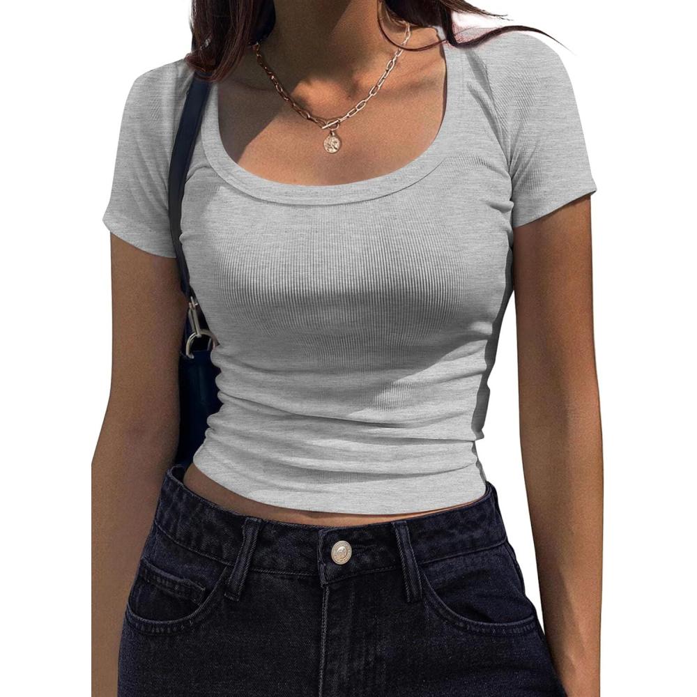 imageZeagoo Womens Short Sleeve T Shirts Casual Summer Basic Scoop Neck Slim Fit Rib Knit Business Work Tee TopsLight Grey