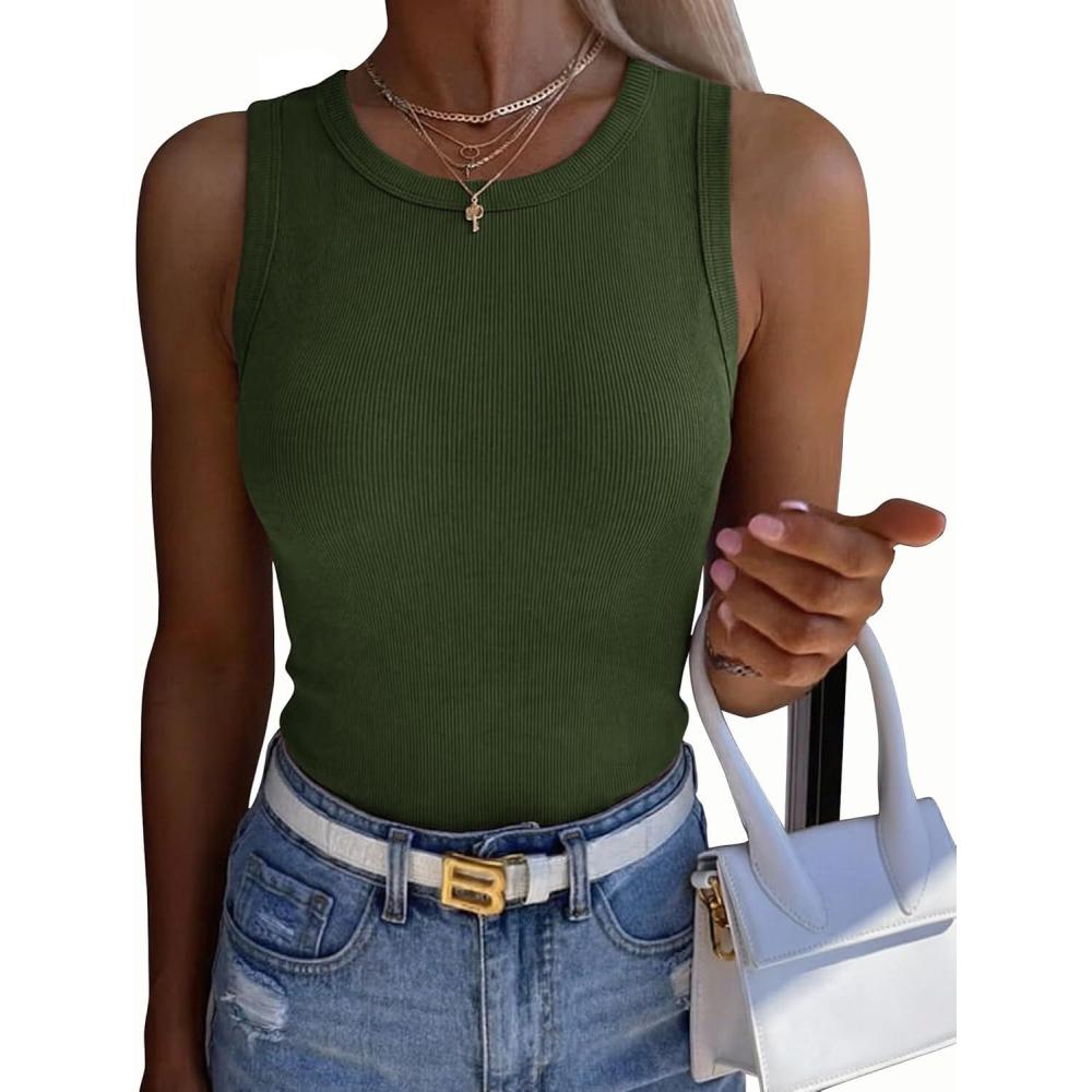 imageZeagoo Womens Sleeveless Crewneck Ribbed Tank Tops Casual Basic Summer Top Slim Fitted Racerback ShirtsArmy Green