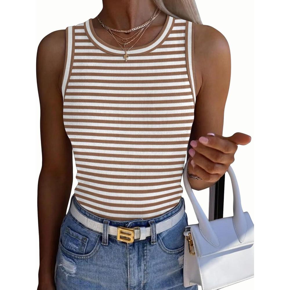 imageZeagoo Womens Sleeveless Crewneck Ribbed Tank Tops Casual Basic Summer Top Slim Fitted Racerback ShirtsB Stripe Brown White