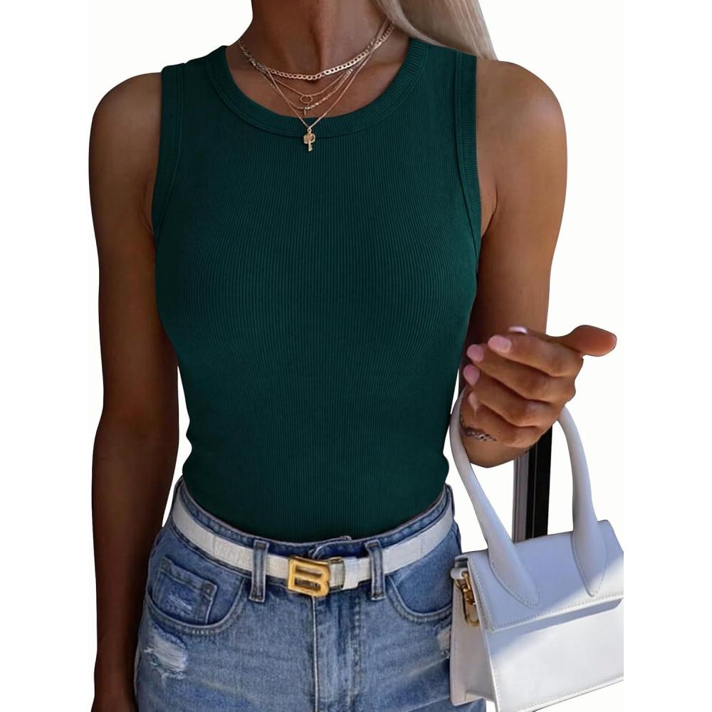 imageZeagoo Womens Sleeveless Crewneck Ribbed Tank Tops Casual Basic Summer Top Slim Fitted Racerback ShirtsDeep Green