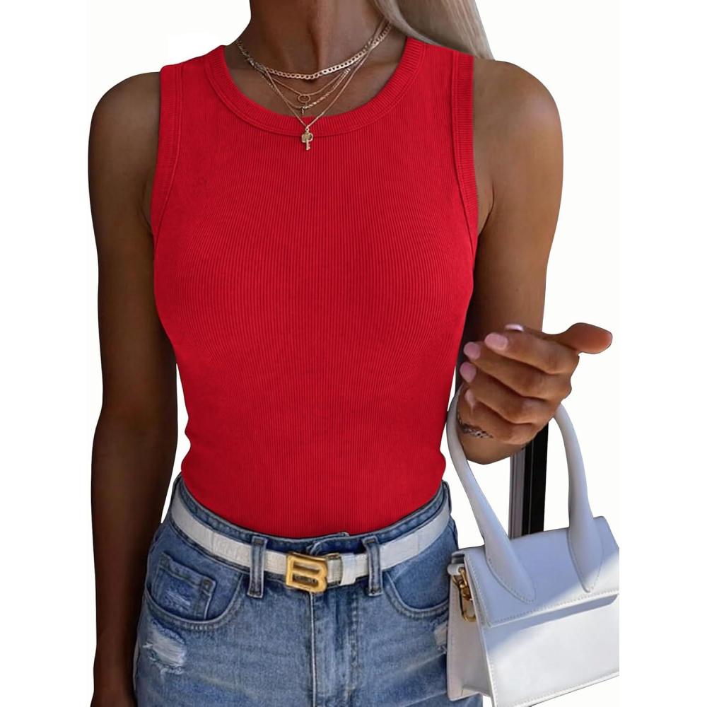 imageZeagoo Womens Sleeveless Crewneck Ribbed Tank Tops Casual Basic Summer Top Slim Fitted Racerback ShirtsRed