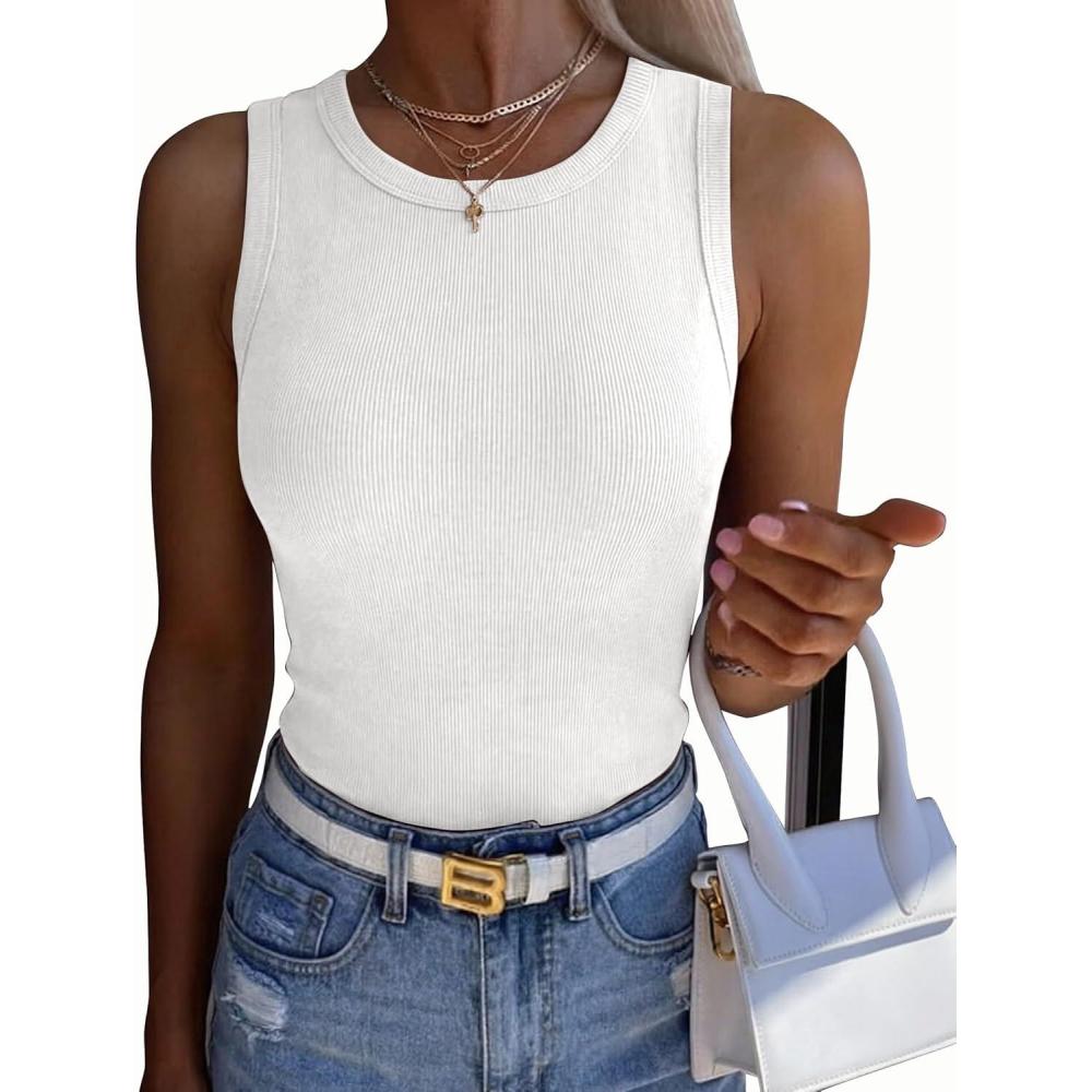 imageZeagoo Womens Sleeveless Crewneck Ribbed Tank Tops Casual Basic Summer Top Slim Fitted Racerback ShirtsWhite