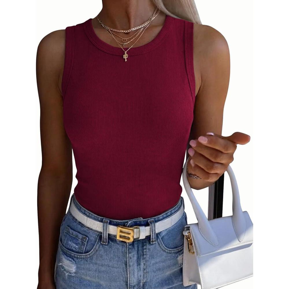 imageZeagoo Womens Sleeveless Crewneck Ribbed Tank Tops Casual Basic Summer Top Slim Fitted Racerback ShirtsWine Red