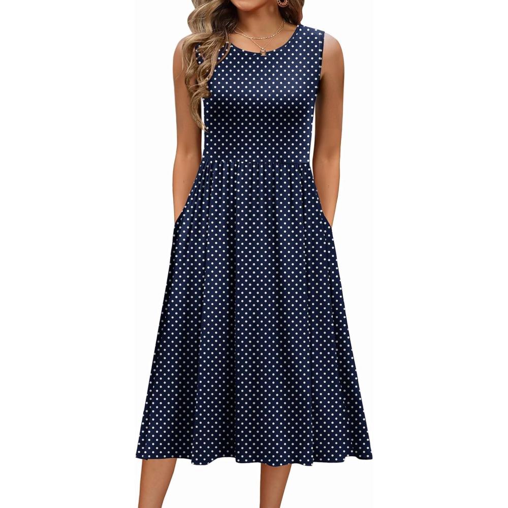 imageZeagoo Womens Summer Tank Midi Dress with Pockets Floral Sleeveless ALine Casual Loose TShirt Dresses Beach Sundress 202601blue Round Dot