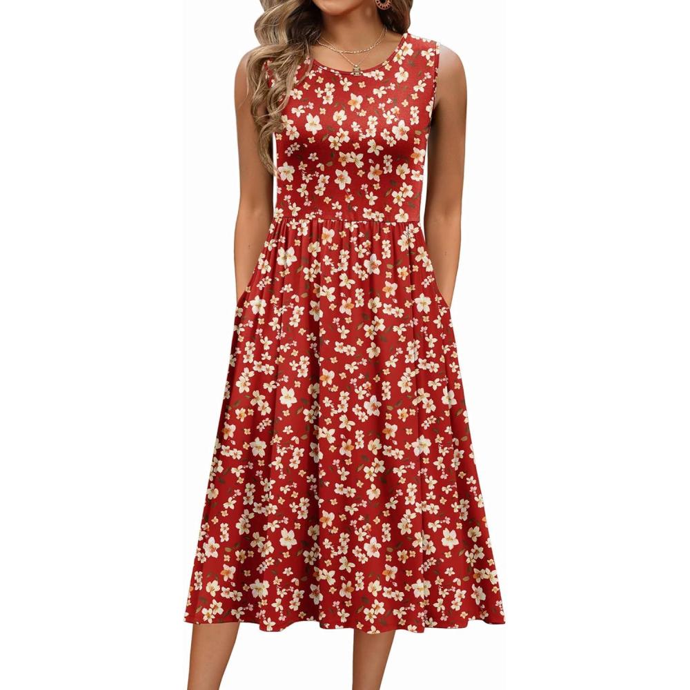 imageZeagoo Womens Summer Tank Midi Dress with Pockets Floral Sleeveless ALine Casual Loose TShirt Dresses Beach Sundress 202601red Floral