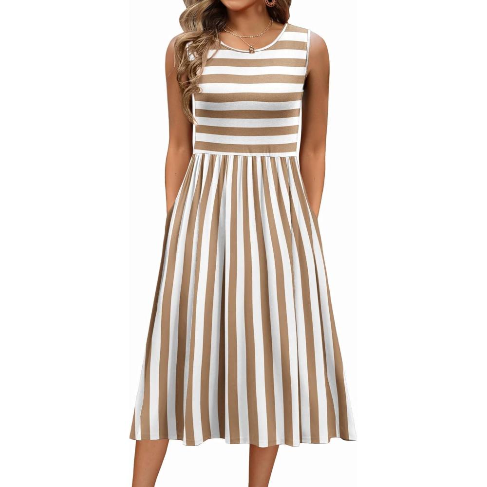 imageZeagoo Womens Summer Tank Midi Dress with Pockets Floral Sleeveless ALine Casual Loose TShirt Dresses Beach Sundress 2026Apricot White Stripe
