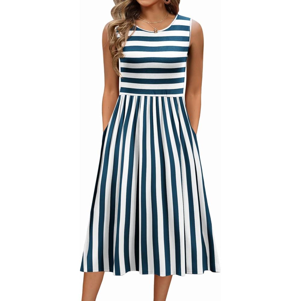 imageZeagoo Womens Summer Tank Midi Dress with Pockets Floral Sleeveless ALine Casual Loose TShirt Dresses Beach Sundress 2026Bluewhite Stripe