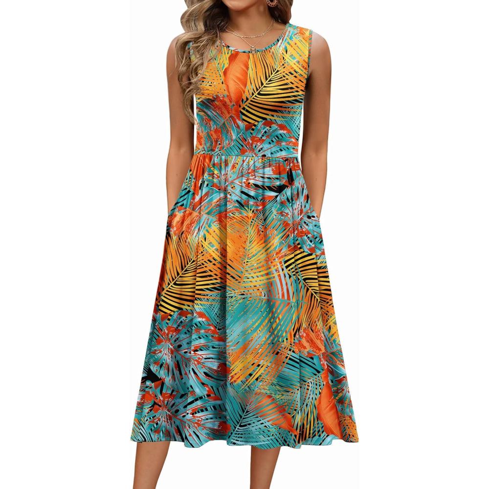 imageZeagoo Womens Summer Tank Midi Dress with Pockets Floral Sleeveless ALine Casual Loose TShirt Dresses Beach Sundress 2026Orange Green Leaf