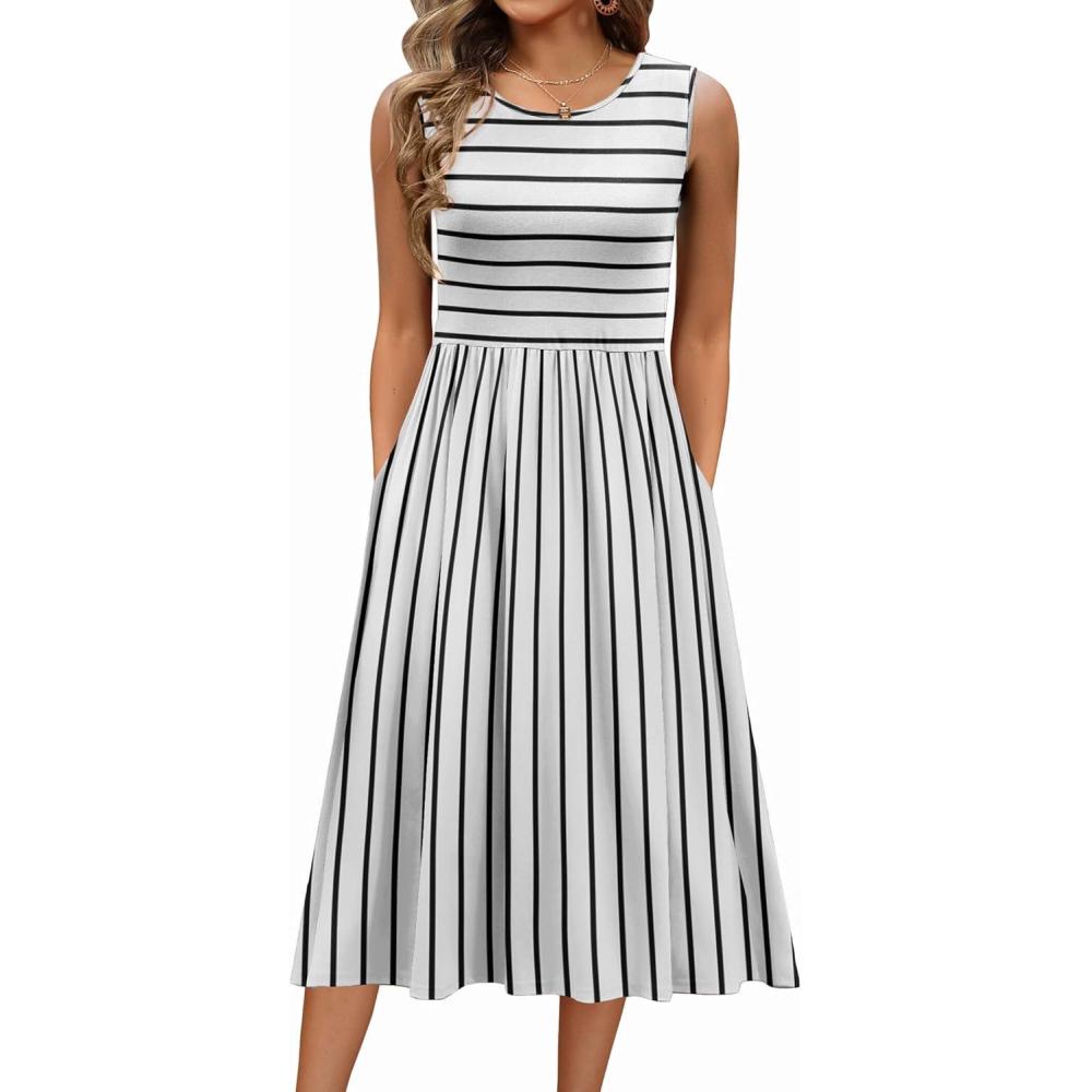 imageZeagoo Womens Summer Tank Midi Dress with Pockets Floral Sleeveless ALine Casual Loose TShirt Dresses Beach Sundress 2026White Black Stripe2