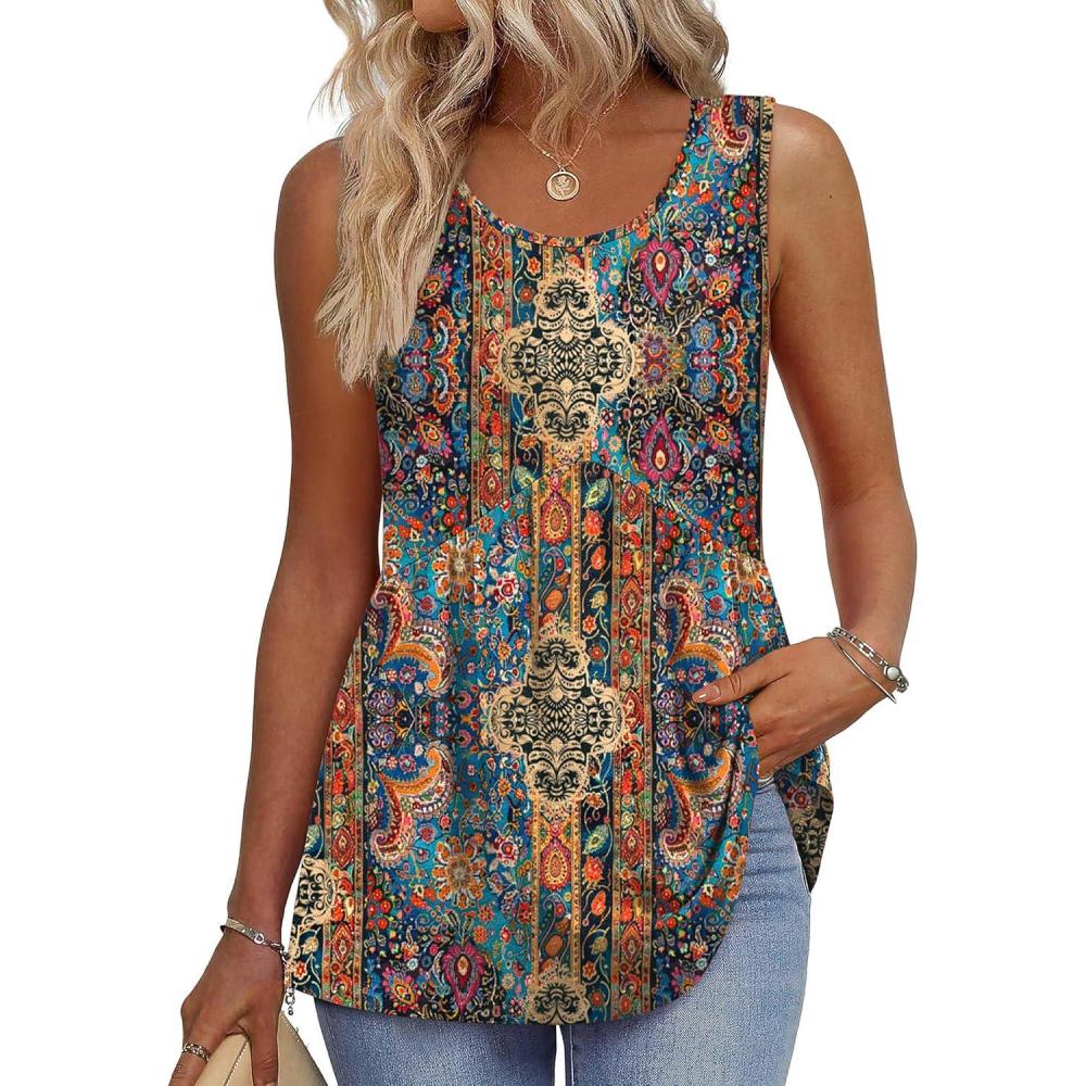 imageZeagoo Womens Summer Tank Tops Sleeveless Babydoll Tops Loose Fit Tunic Blouses Crew Neck Flowy Shirts S3XLAa Paisley Floral Print