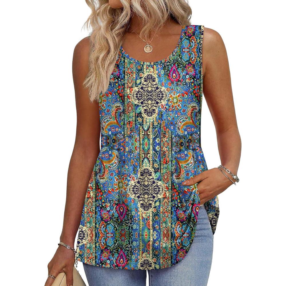 imageZeagoo Womens Summer Tank Tops Sleeveless Babydoll Tops Loose Fit Tunic Blouses Crew Neck Flowy Shirts S3XLBlue Tapestry Paisley