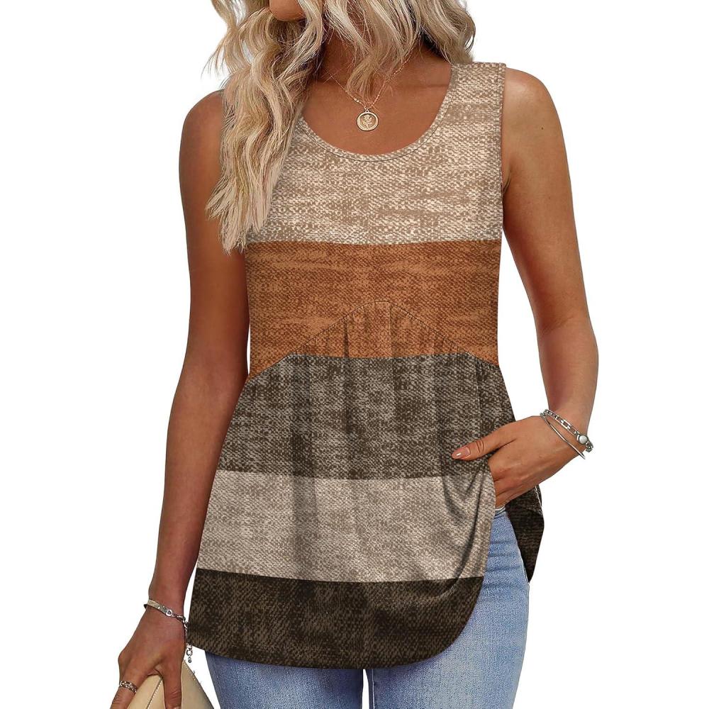 imageZeagoo Womens Summer Tank Tops Sleeveless Babydoll Tops Loose Fit Tunic Blouses Crew Neck Flowy Shirts S3XLBrown Textured Colorblock