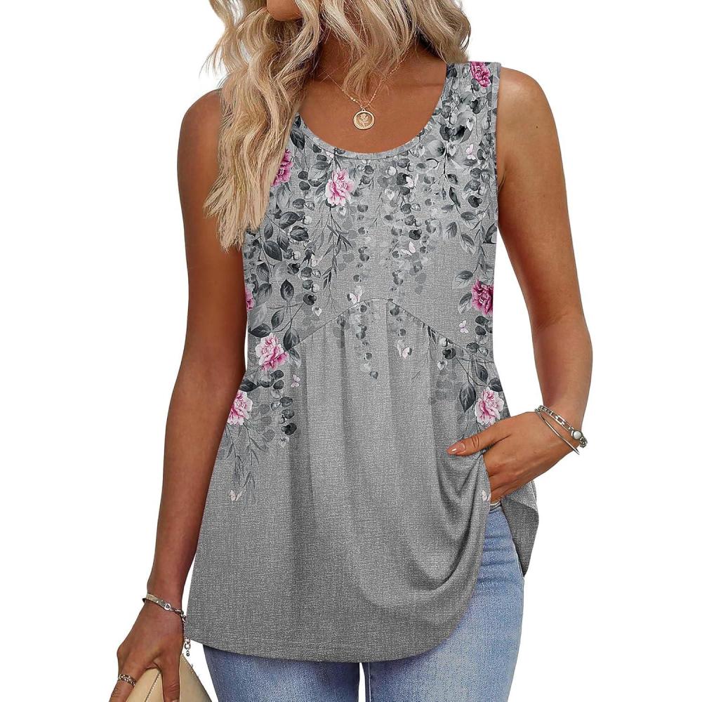 imageZeagoo Womens Summer Tank Tops Sleeveless Babydoll Tops Loose Fit Tunic Blouses Crew Neck Flowy Shirts S3XLGrey Pink Floral