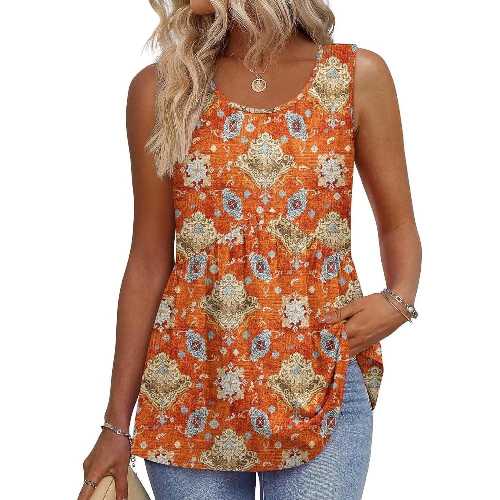 imageZeagoo Womens Summer Tank Tops Sleeveless Babydoll Tops Loose Fit Tunic Blouses Crew Neck Flowy Shirts S3XLOrange Ethnic Print