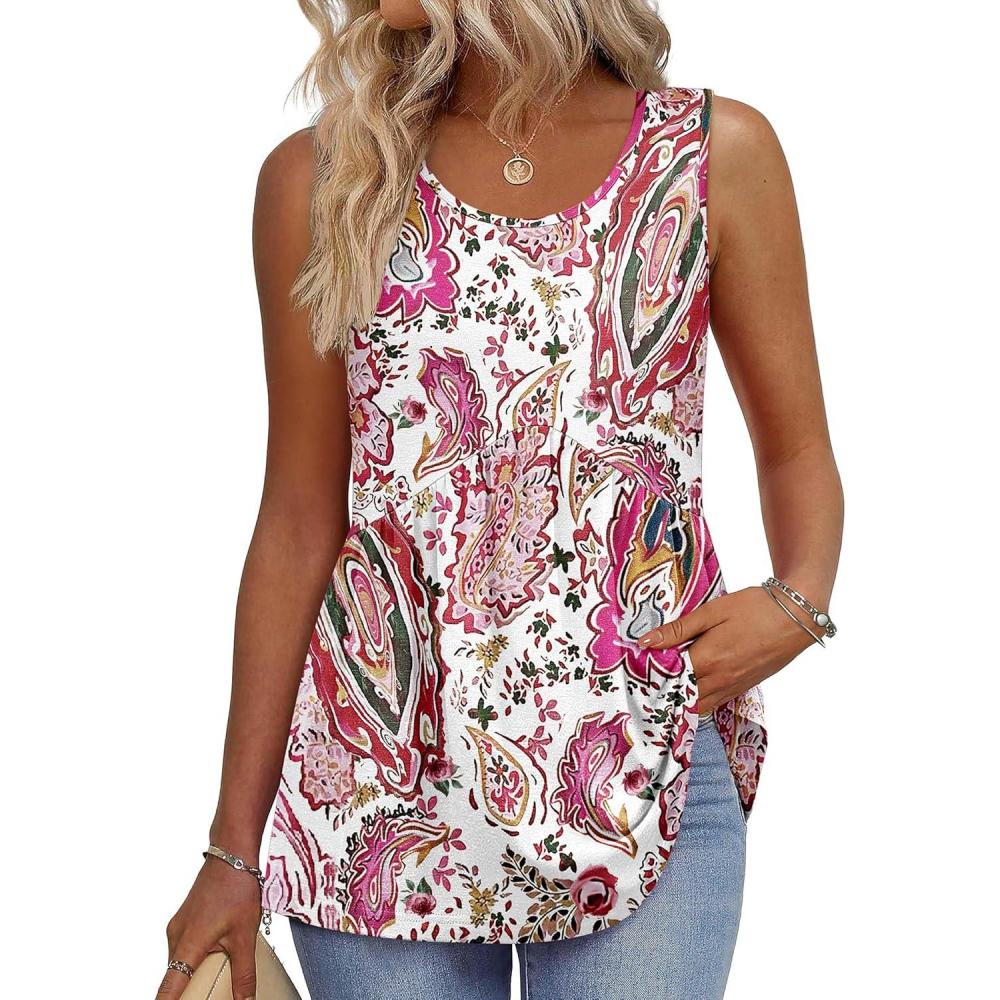 imageZeagoo Womens Summer Tank Tops Sleeveless Babydoll Tops Loose Fit Tunic Blouses Crew Neck Flowy Shirts S3XLPink Paisley Floral
