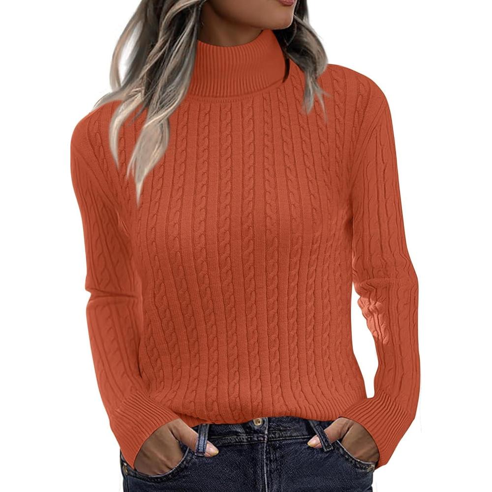 imageZeagoo Womens Sweaters Turtleneck Cable Knit Long Sleeve Pullover Cute Fitted Trendy Basic Fall Winter TopsCaramel
