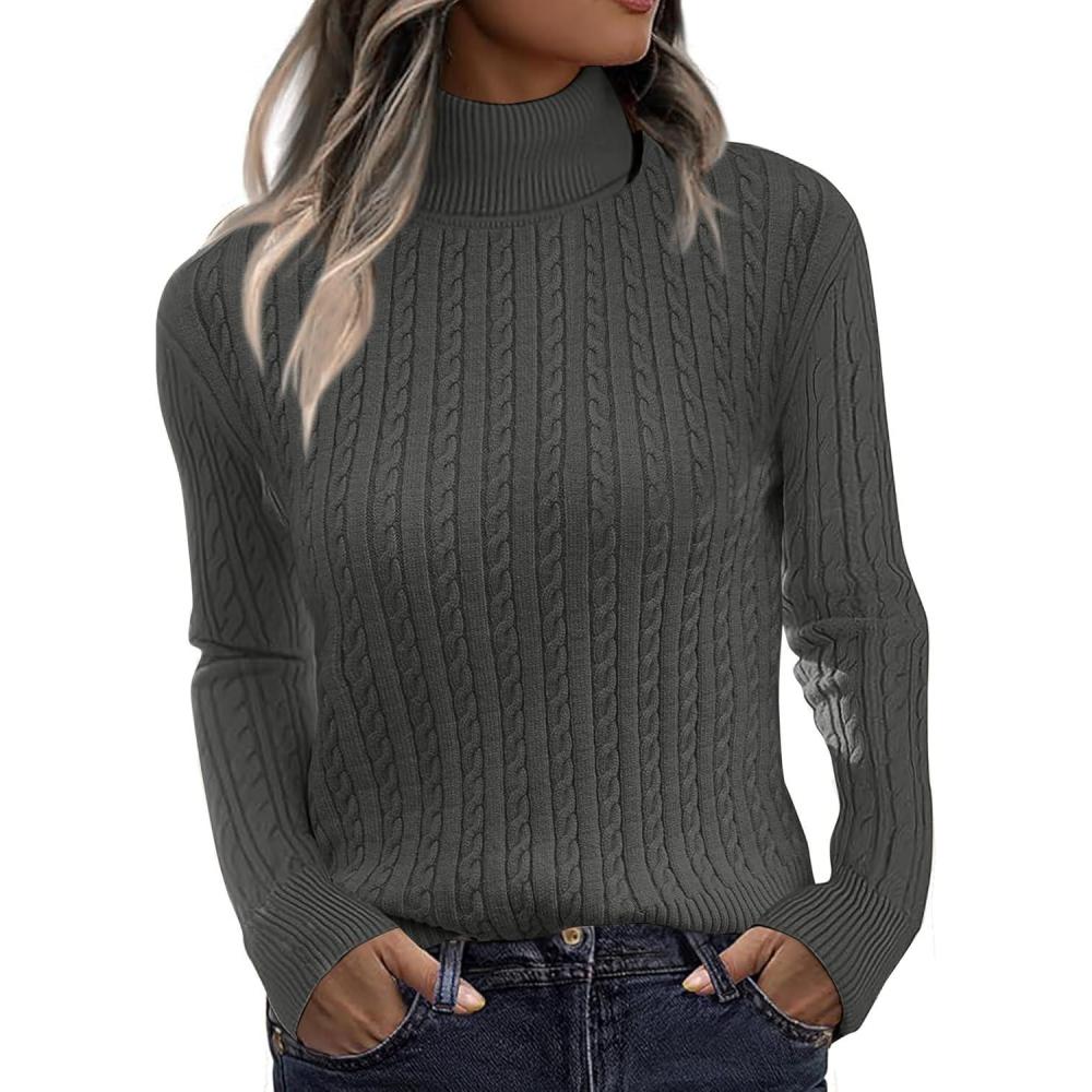 imageZeagoo Womens Sweaters Turtleneck Cable Knit Long Sleeve Pullover Cute Fitted Trendy Basic Fall Winter TopsDark Grey