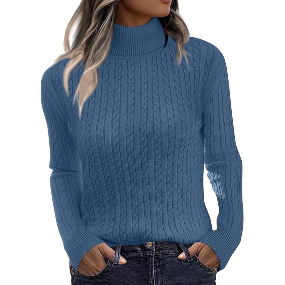 imageZeagoo Womens Sweaters Turtleneck Cable Knit Long Sleeve Pullover Cute Fitted Trendy Basic Fall Winter TopsNavy Blue