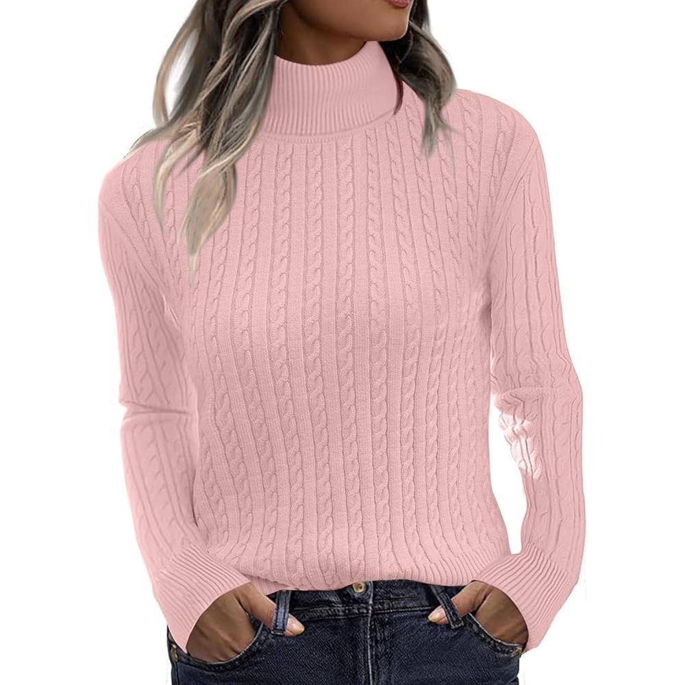 imageZeagoo Womens Sweaters Turtleneck Cable Knit Long Sleeve Pullover Cute Fitted Trendy Basic Fall Winter TopsPink