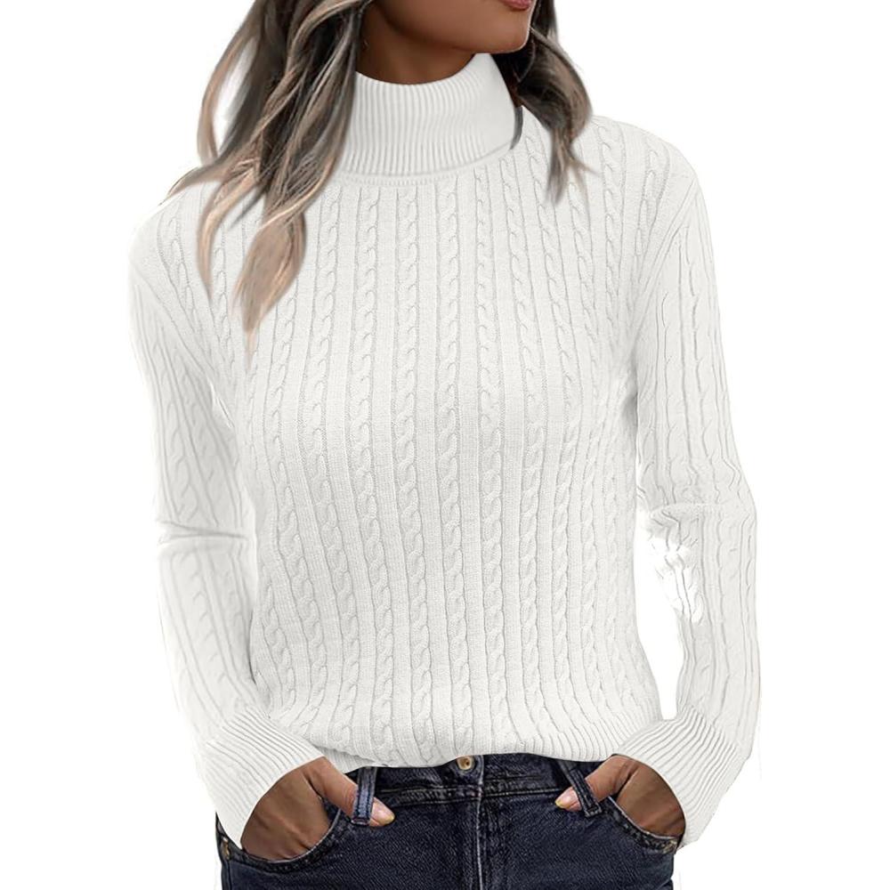 imageZeagoo Womens Sweaters Turtleneck Cable Knit Long Sleeve Pullover Cute Fitted Trendy Basic Fall Winter TopsWhite