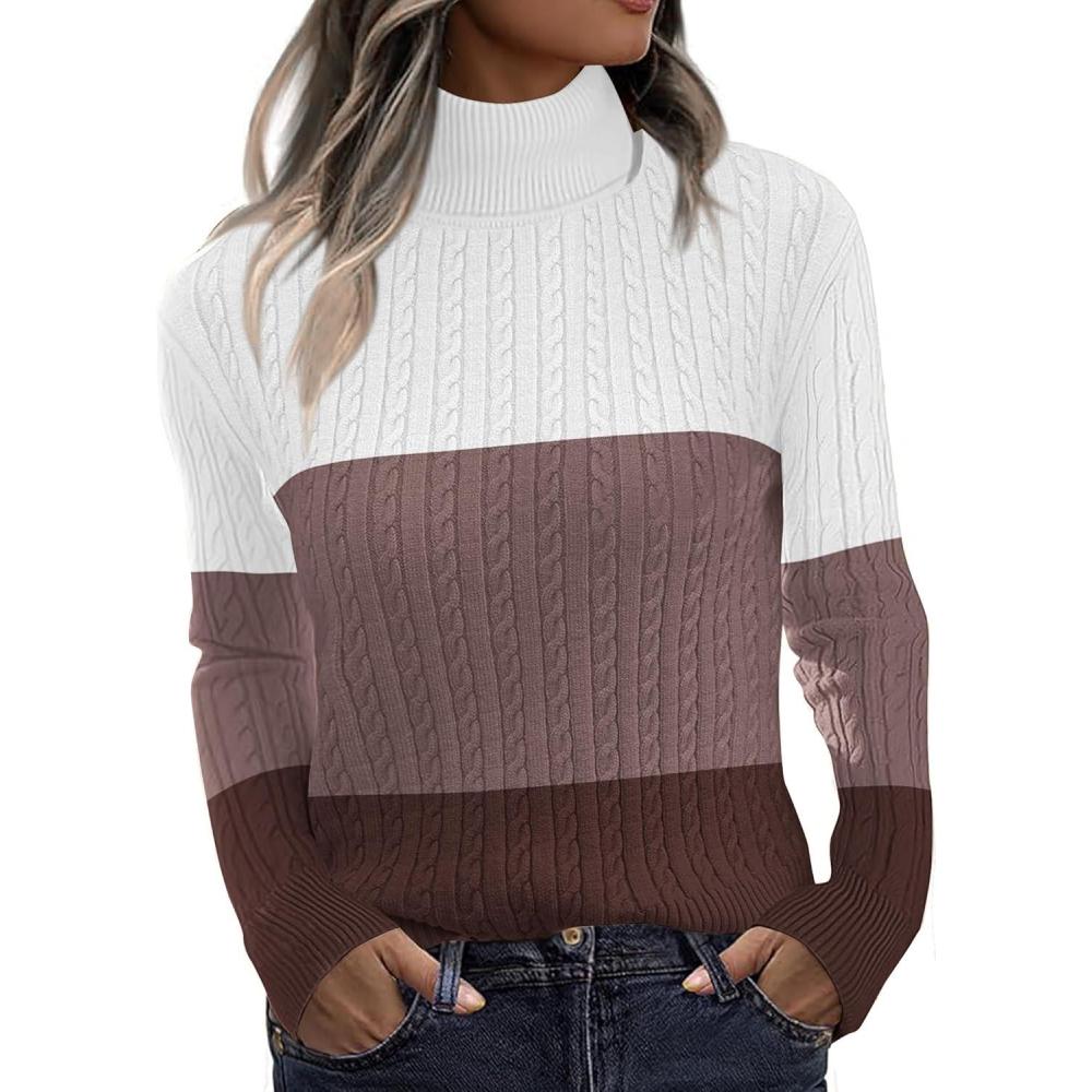 imageZeagoo Womens Sweaters Turtleneck Cable Knit Long Sleeve Pullover Cute Fitted Trendy Basic Fall Winter TopsZ Brown