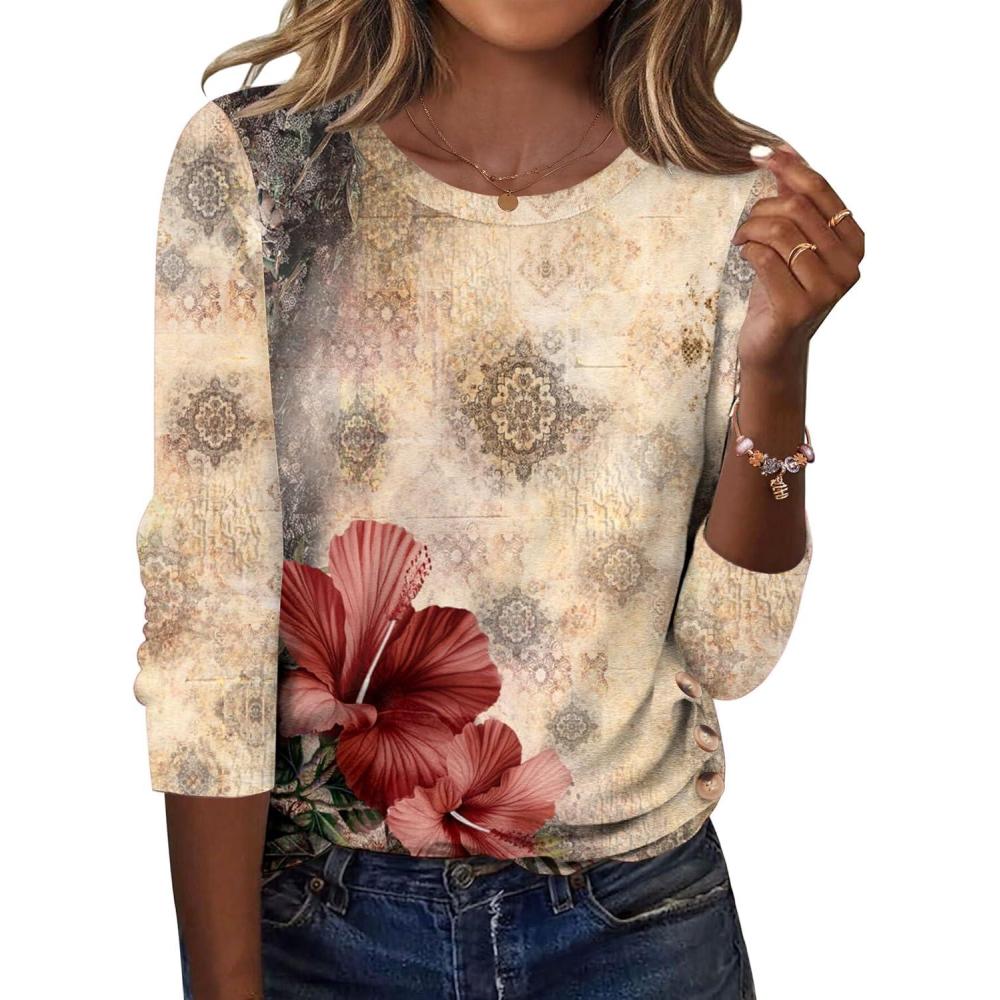 imageZeagoo Womens Tops 2025 Long Sleeve Shirts for Fall Round Neck Blouses Floral Tunic Tops with Buttons DecorFloral275