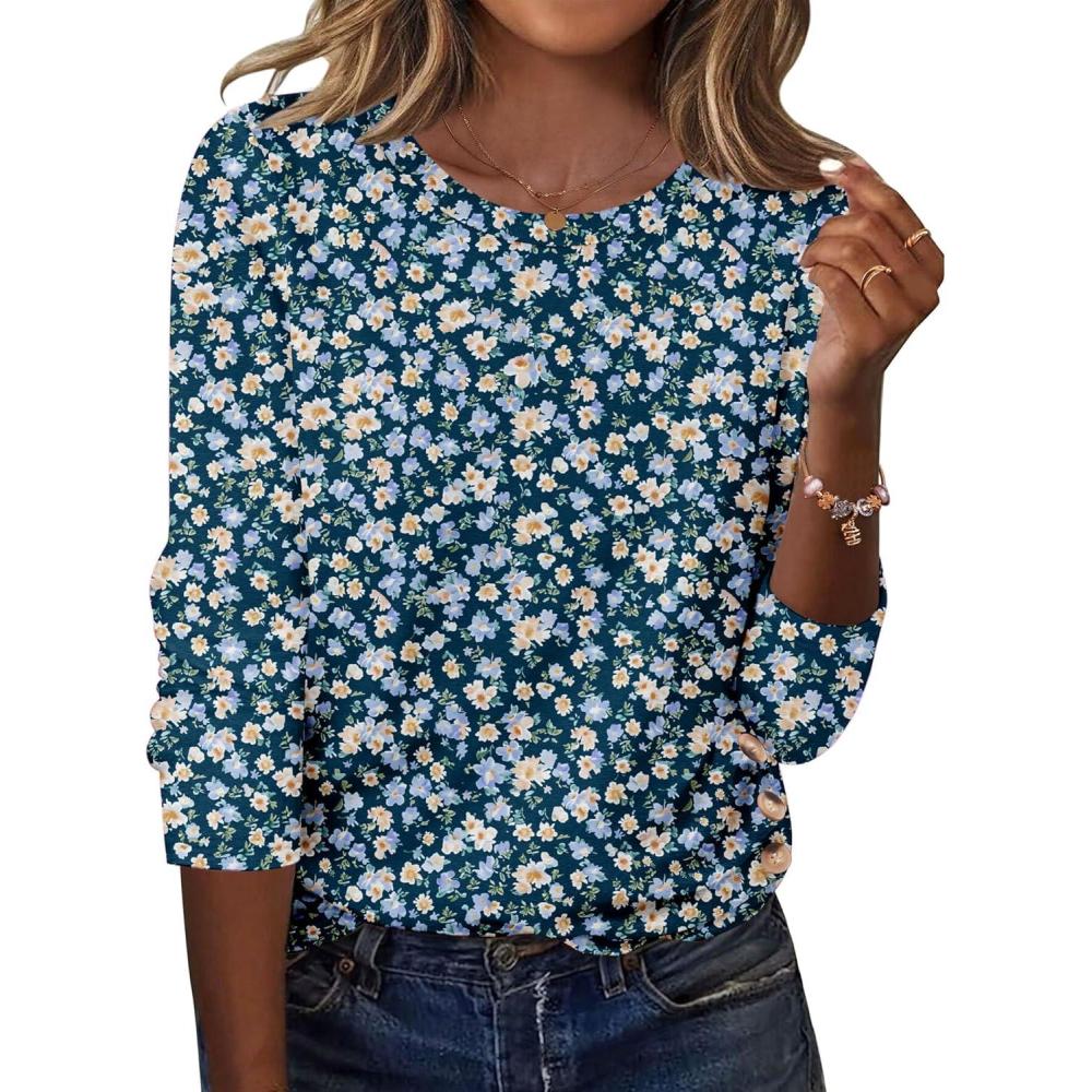 imageZeagoo Womens Tops 2025 Long Sleeve Shirts for Fall Round Neck Blouses Floral Tunic Tops with Buttons DecorFloral369