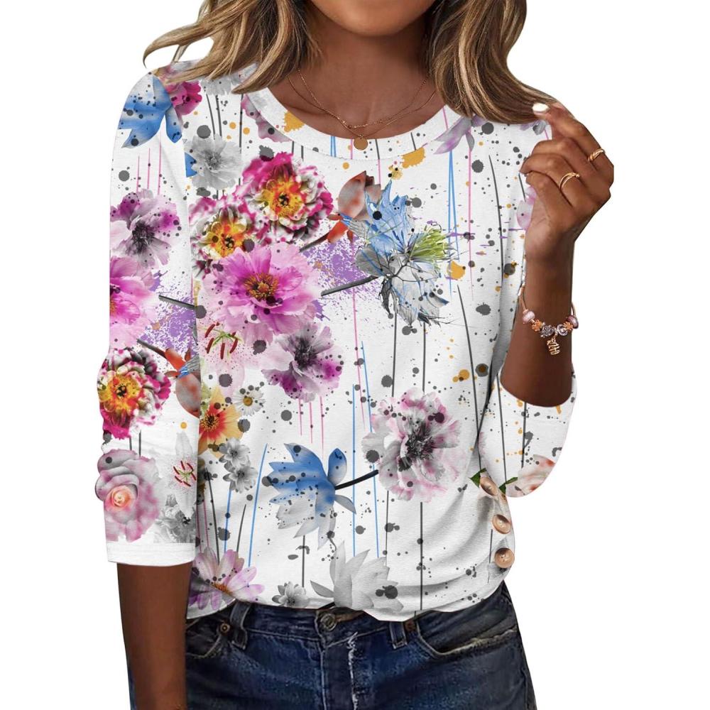 imageZeagoo Womens Tops 2025 Long Sleeve Shirts for Fall Round Neck Blouses Floral Tunic Tops with Buttons DecorFloral50
