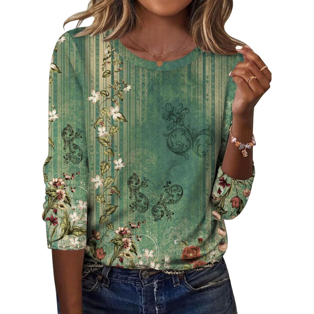 imageZeagoo Womens Tops 2025 Long Sleeve Shirts for Fall Round Neck Blouses Floral Tunic Tops with Buttons DecorFloral808
