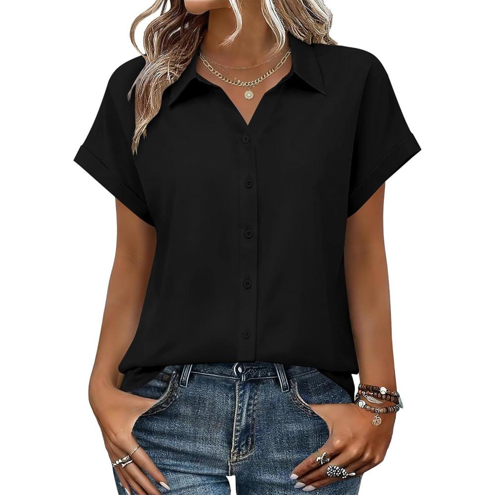 imageZeagoo Womens Tops Short Sleeve Shirts Button Down Casual Blouses V Neck Outfits Summer Spring Clothes 2026Black