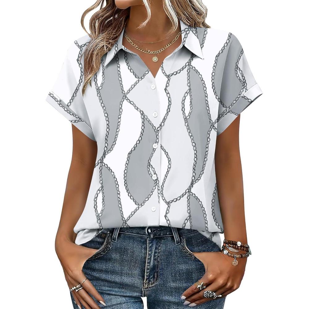 imageZeagoo Womens Tops Short Sleeve Shirts Button Down Casual Blouses V Neck Outfits Summer Spring Clothes 2026Chain Gray White
