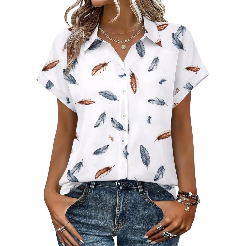 imageZeagoo Womens Tops Short Sleeve Shirts Button Down Casual Blouses V Neck Outfits Summer Spring Clothes 2026Feathers White