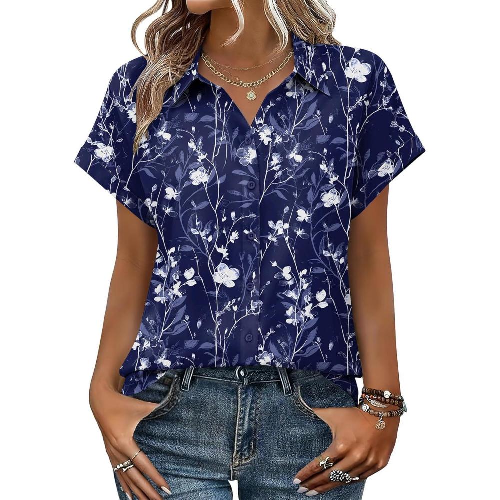 imageZeagoo Womens Tops Short Sleeve Shirts Button Down Casual Blouses V Neck Outfits Summer Spring Clothes 2026Floral Navy