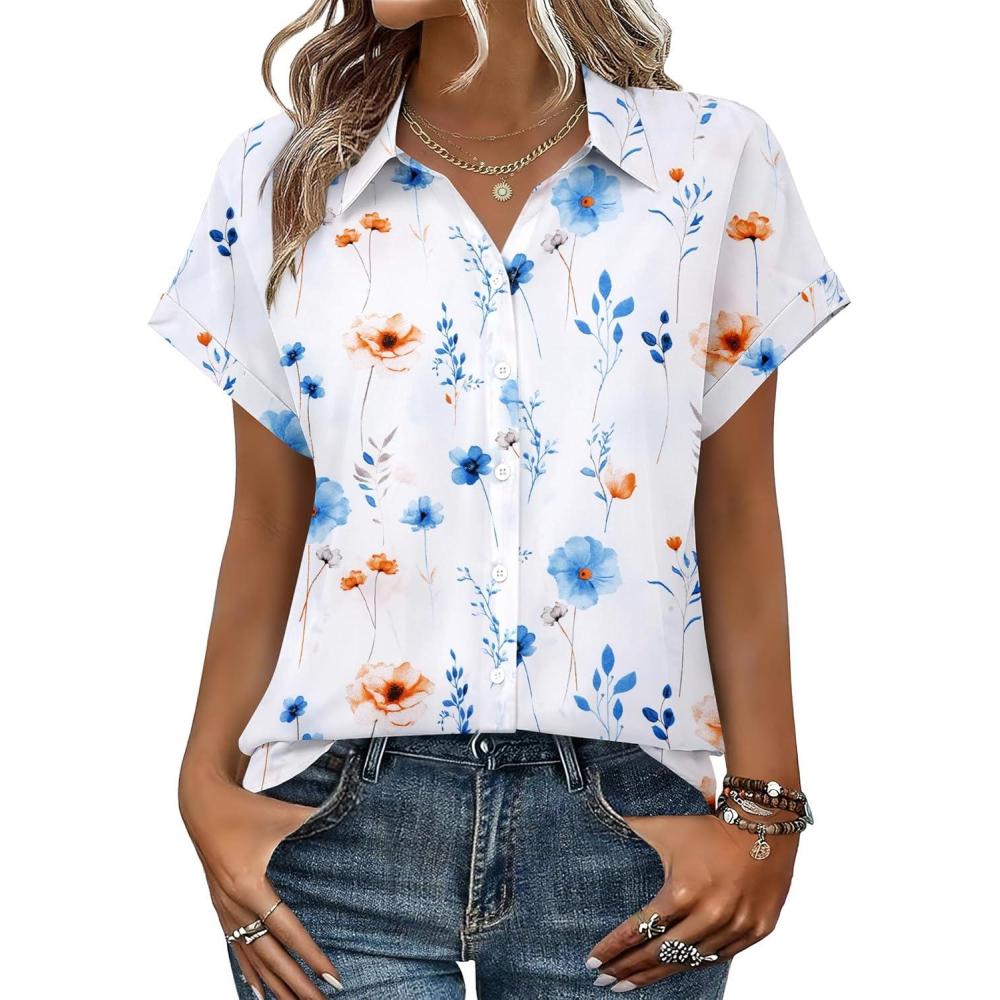 imageZeagoo Womens Tops Short Sleeve Shirts Button Down Casual Blouses V Neck Outfits Summer Spring Clothes 2026Floral White
