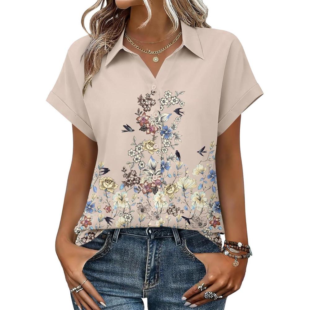 imageZeagoo Womens Tops Short Sleeve Shirts Button Down Casual Blouses V Neck Outfits Summer Spring Clothes 2026Flower Beige
