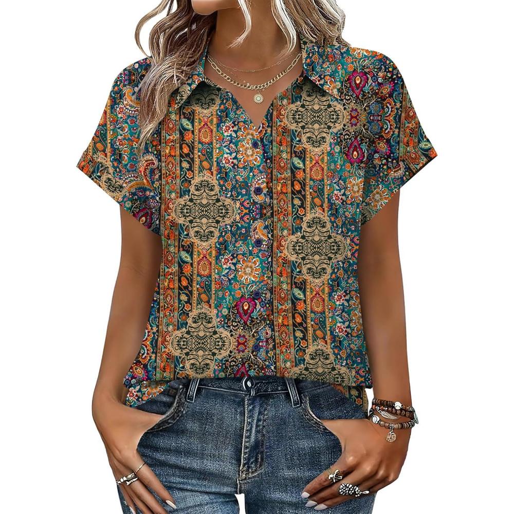 imageZeagoo Womens Tops Short Sleeve Shirts Button Down Casual Blouses V Neck Outfits Summer Spring Clothes 2026Multicolor721